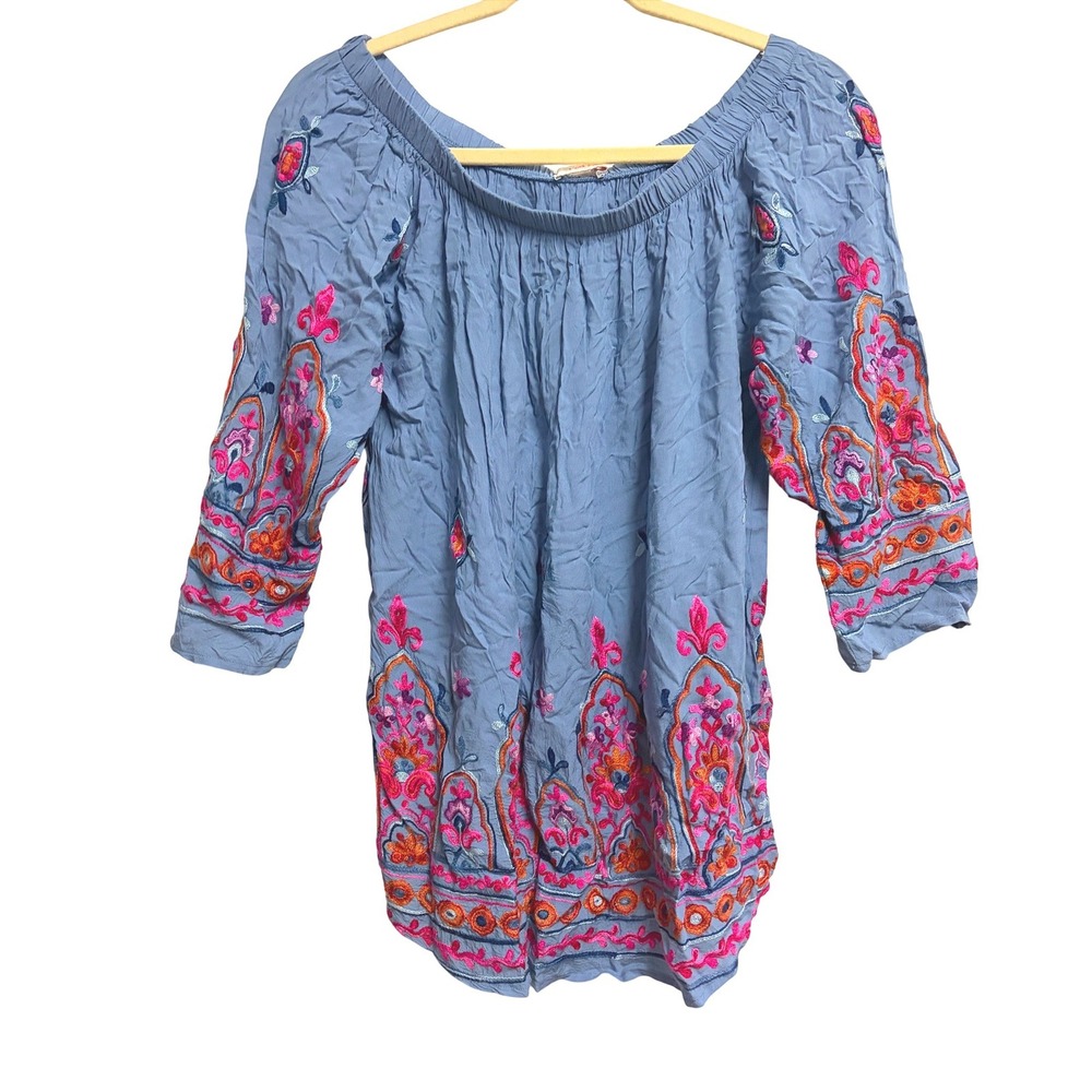 Renee C Embroidered Boho Blue Tunic Top Off Shoulder Floral Peasant Small
